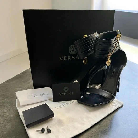 VERSACE bLack lamb leather sandals safety pin 36